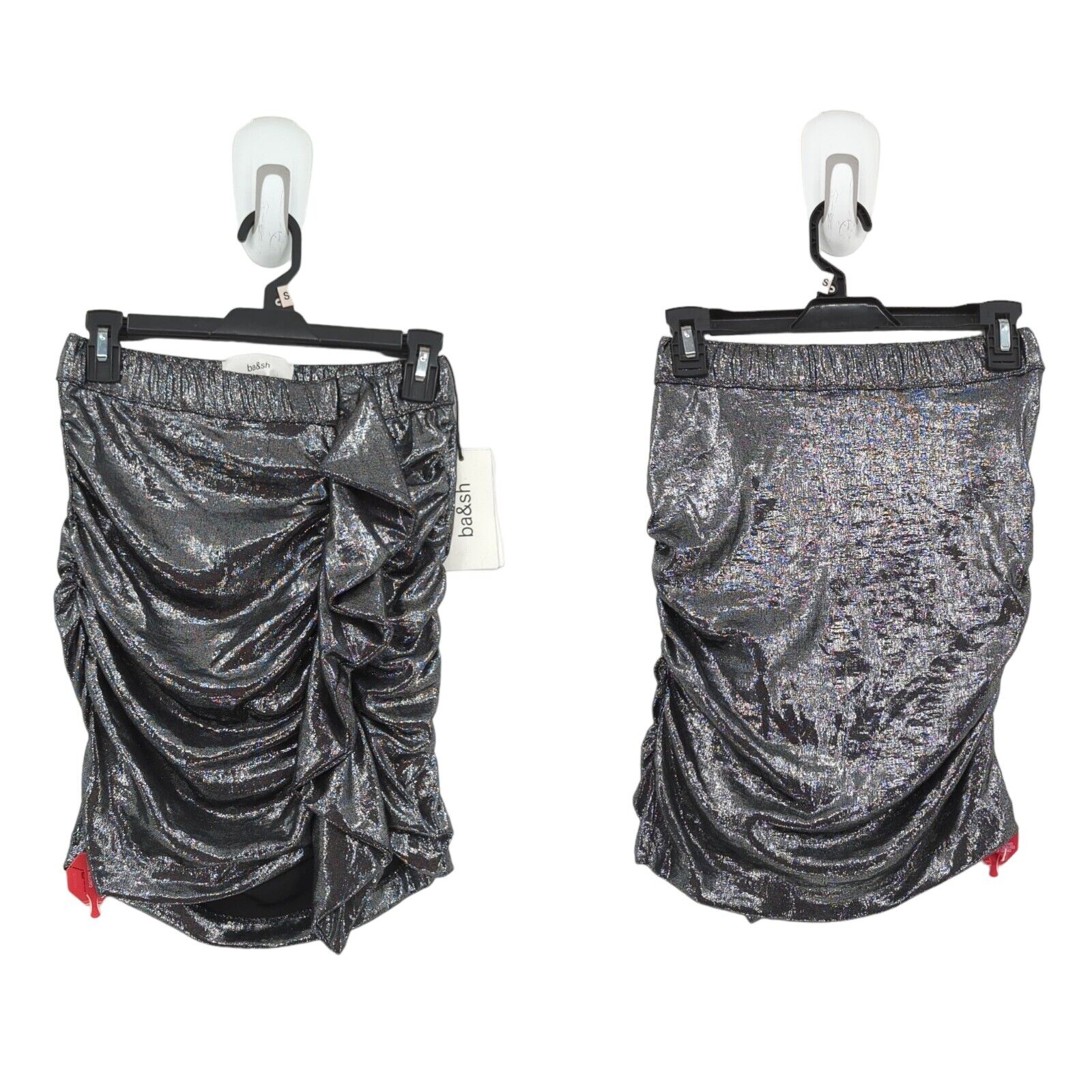 Ba&Sh Women 2 Us 6 Malaga Skirt Silver Metallic Ruffled Ruched Lame Mini New